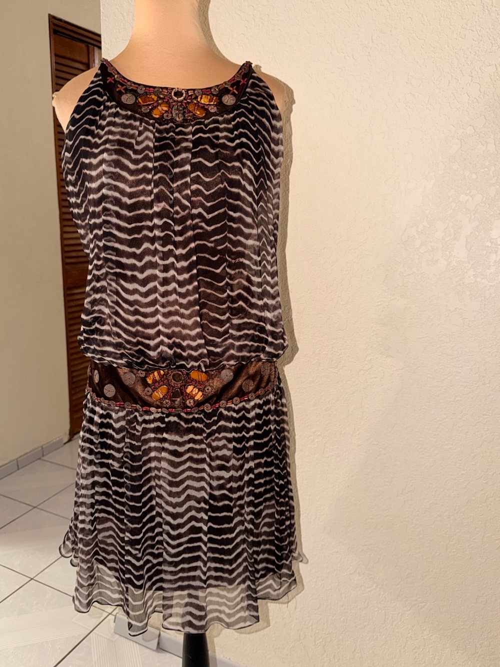 Vtg Boho Bicici brown and white zebra stripe silk dress with beaded embellishmen
